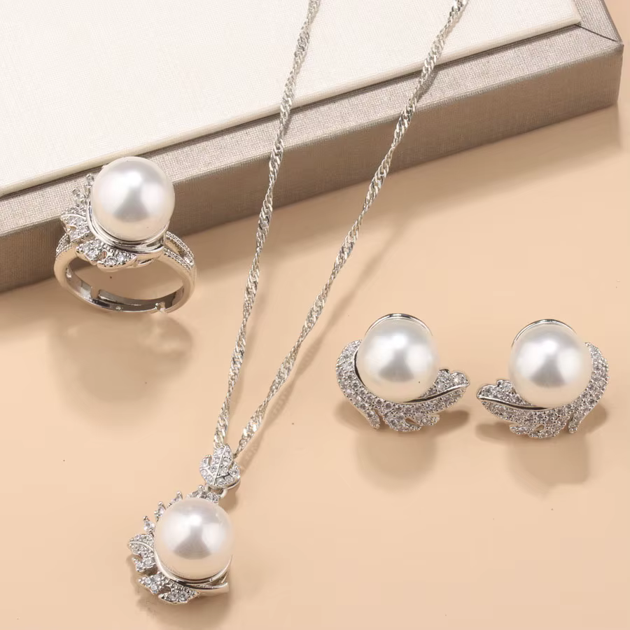 Parure de bijoux de mariage en argent sterling 925 avec perles naturelles, boucles d'oreilles, colli