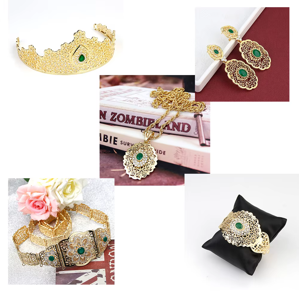 Ensembles de ceintures de mariage élégants maroc pour femmes, bracelet, boucles d'oreilles, collier,