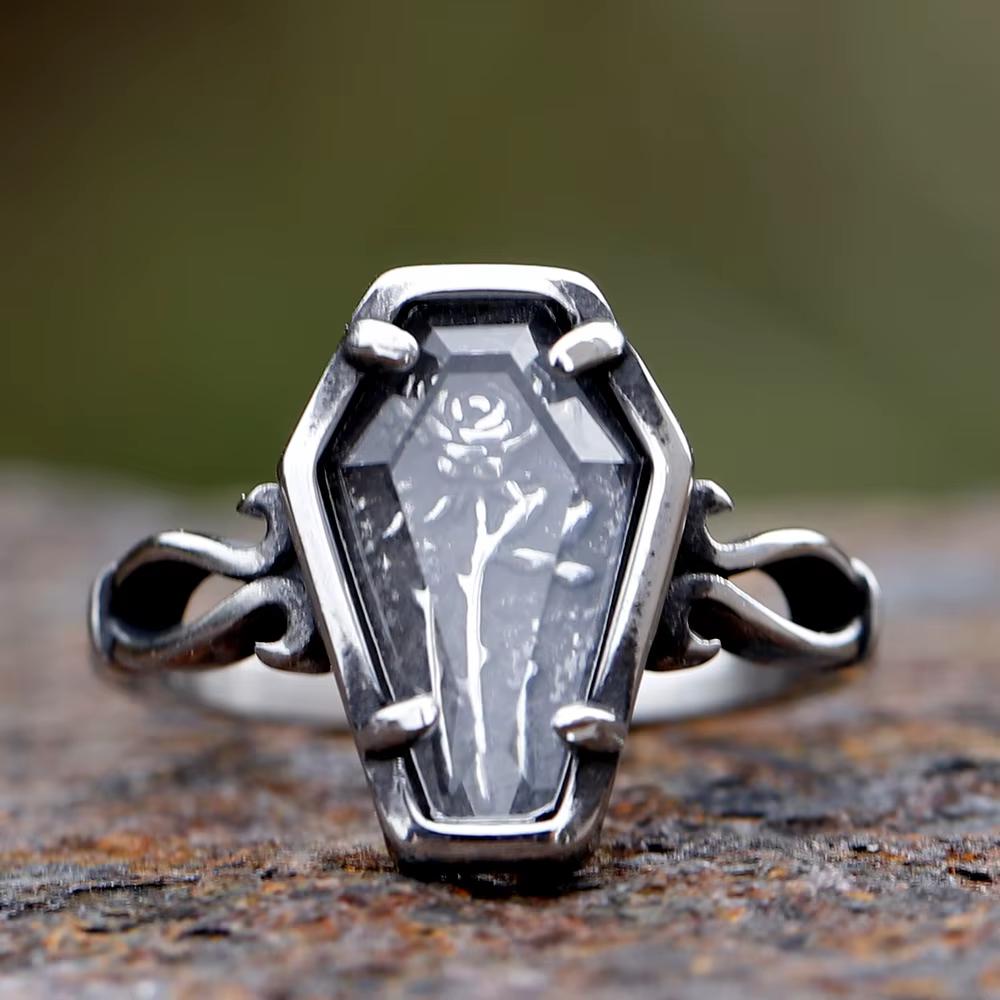 Bague cercueil avec fleur et verre pour homme et femme, cadeau pour petite amie, nouvelle mode, bijo