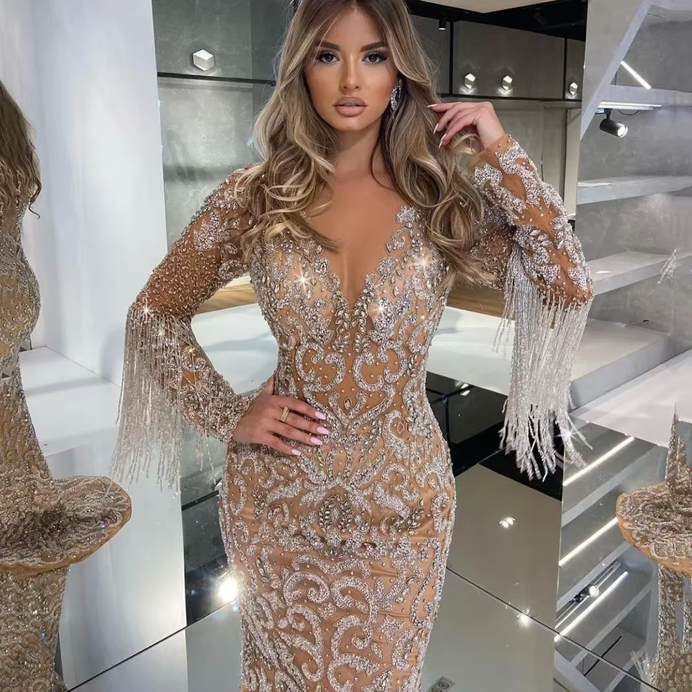 Robe de soirée longue et Sexy pour femmes, tenue de soirée transfrontalière, élégante, à franges dor