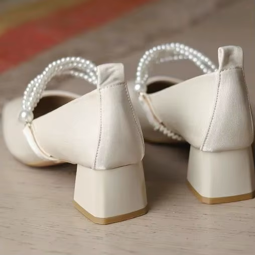 Escarpins de Mariage à Talons Moyens pour Femme, Chaussures Parka Carrées, Perle, Haute Qualité, Liv