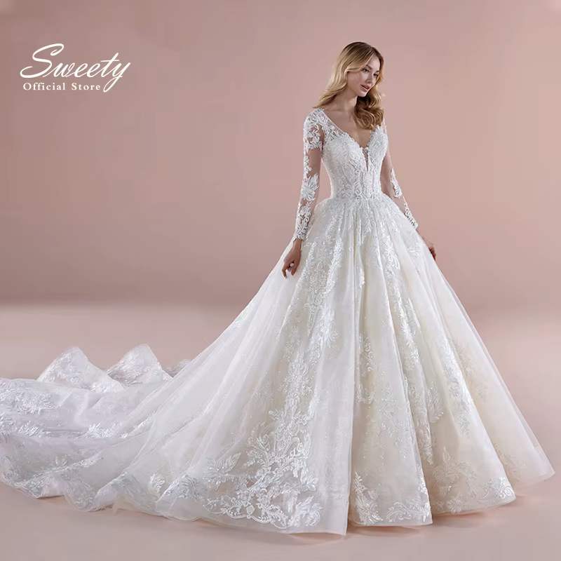 Robe de Mariée Vintage en Organza avec Broderie, Tenue de Bal, Corset à Col en V, Manches sulf, pour