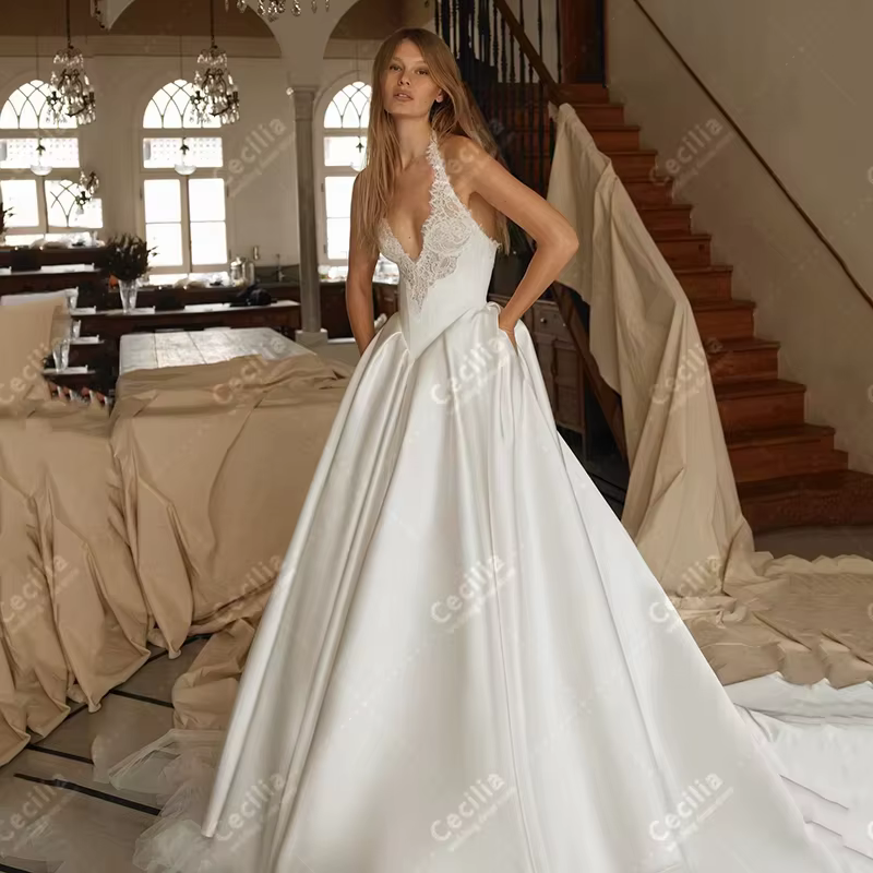Robes de mariée charmantes, robes de mariée modernes, robes en satin coupe A, appliques en dentelle,