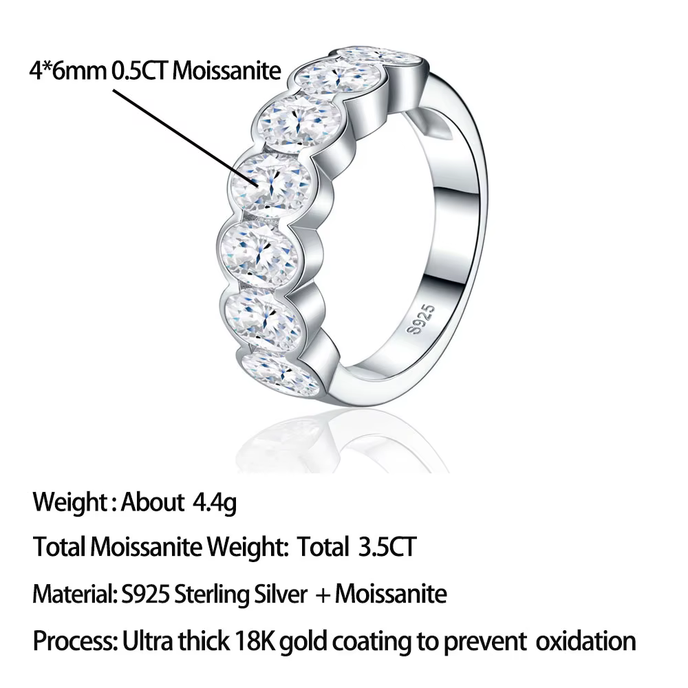 Belle bague demi-éternité en moissanite taille ovale Pretty Beauty, en argent 925, 3,5 carats, 7 pie