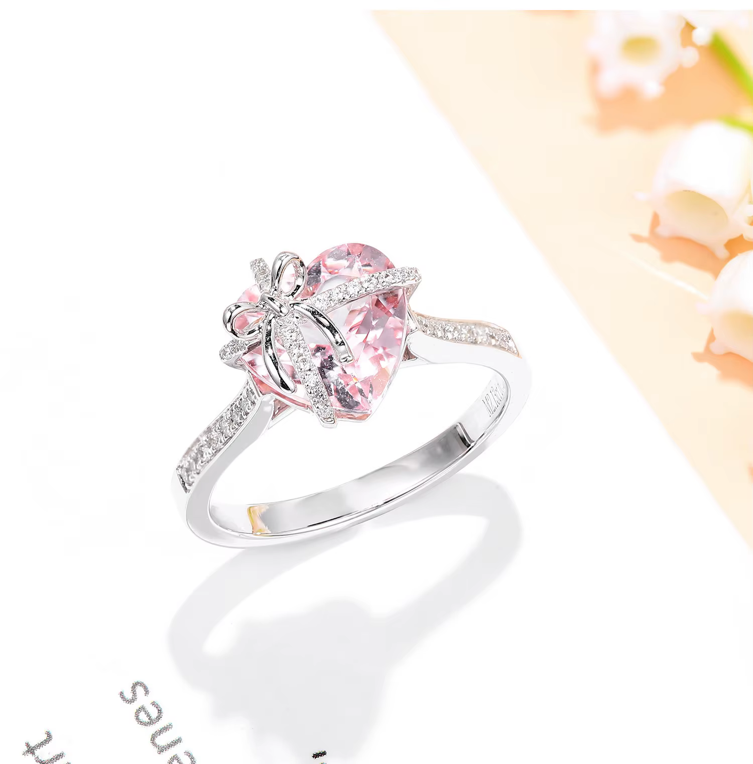 Bague coeur rose femme avec diamants noeud rose et jaune bague design cadeau réglable saint valentin