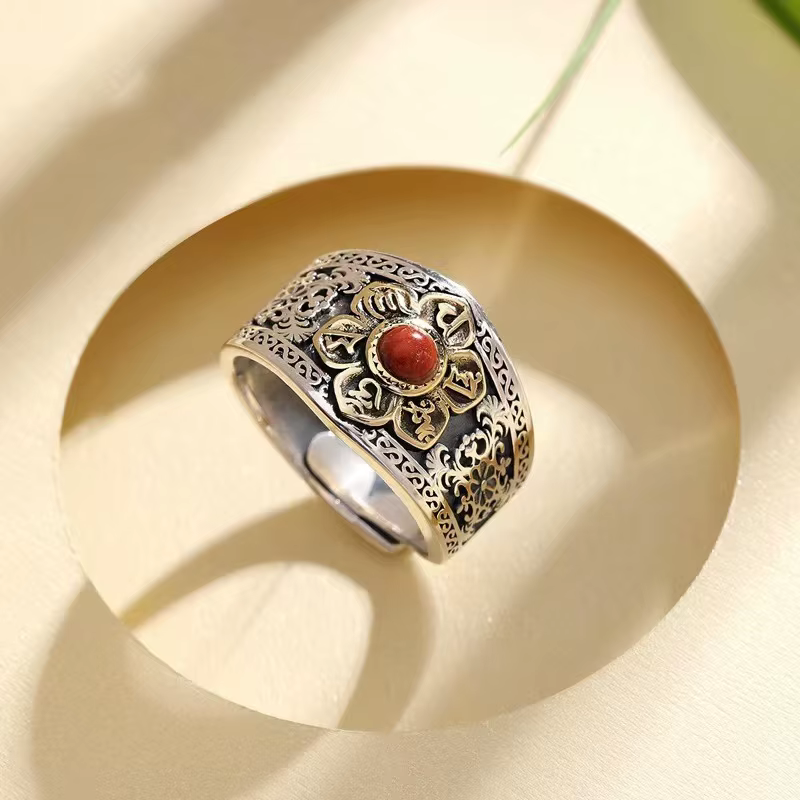 Buyee-Bague ouverte en cornaline naturelle pour femme, bague fleur en argent regardé 925, cercle de 