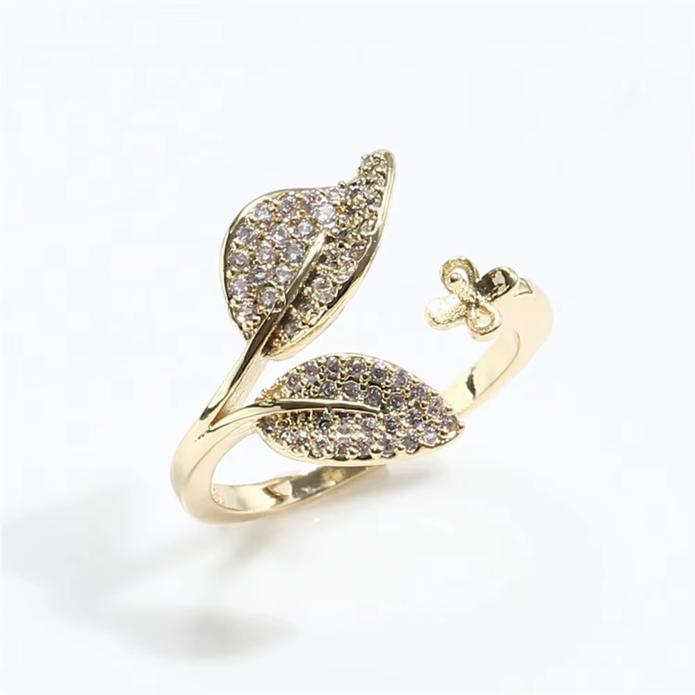 Bague en micro zircone plaquée or véritable, feuille artisanale en or K, perle, ouverture de bague,