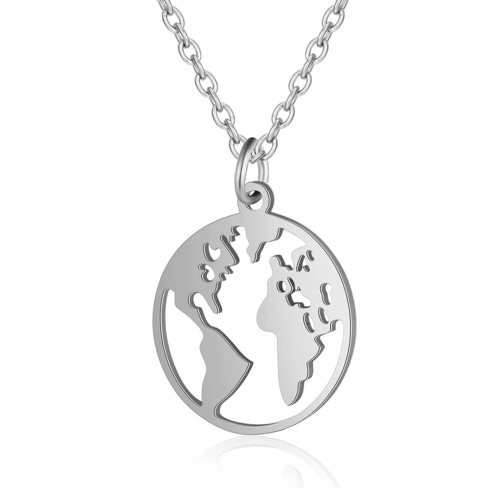 Pendentif carte du monde petit Globe pour femmes, couleur or argent, acier inoxydable, collier de te