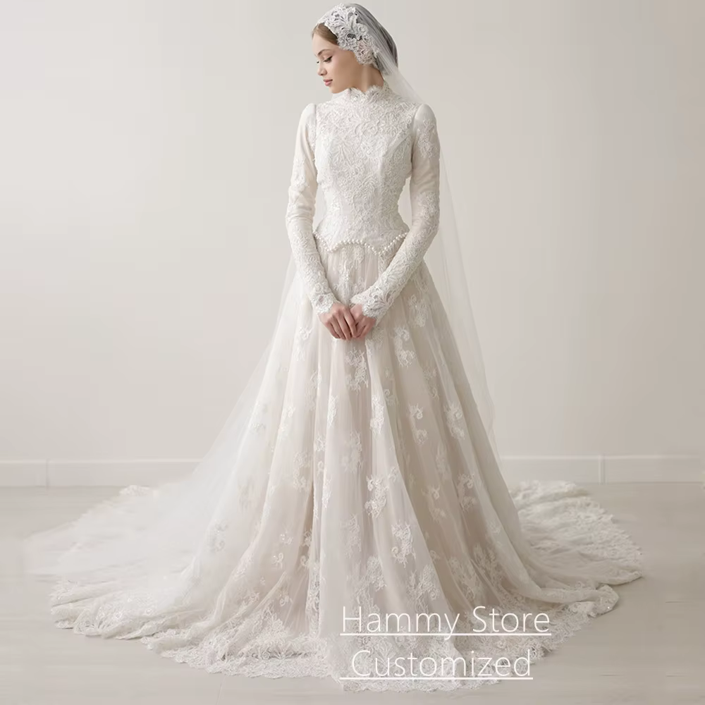 Robe de mariée de luxe en dentelle, design personnalisé arabe, col rond, manches longues, appliques 
