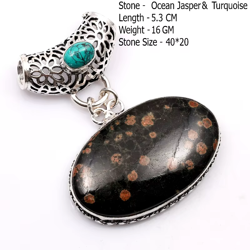 Pendentif en malachite, turquoise, topaze bleue, sodalite, agate, jaspe et onyx noir authentiques El