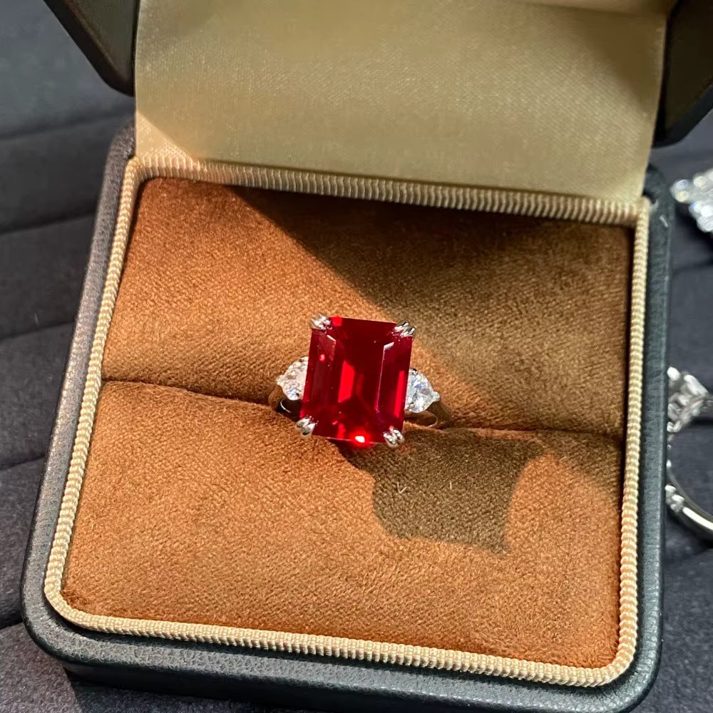 Bague en argent S925 avec rubis cultivé, coupe émeraude, style européen et américain, bijou de luxe 