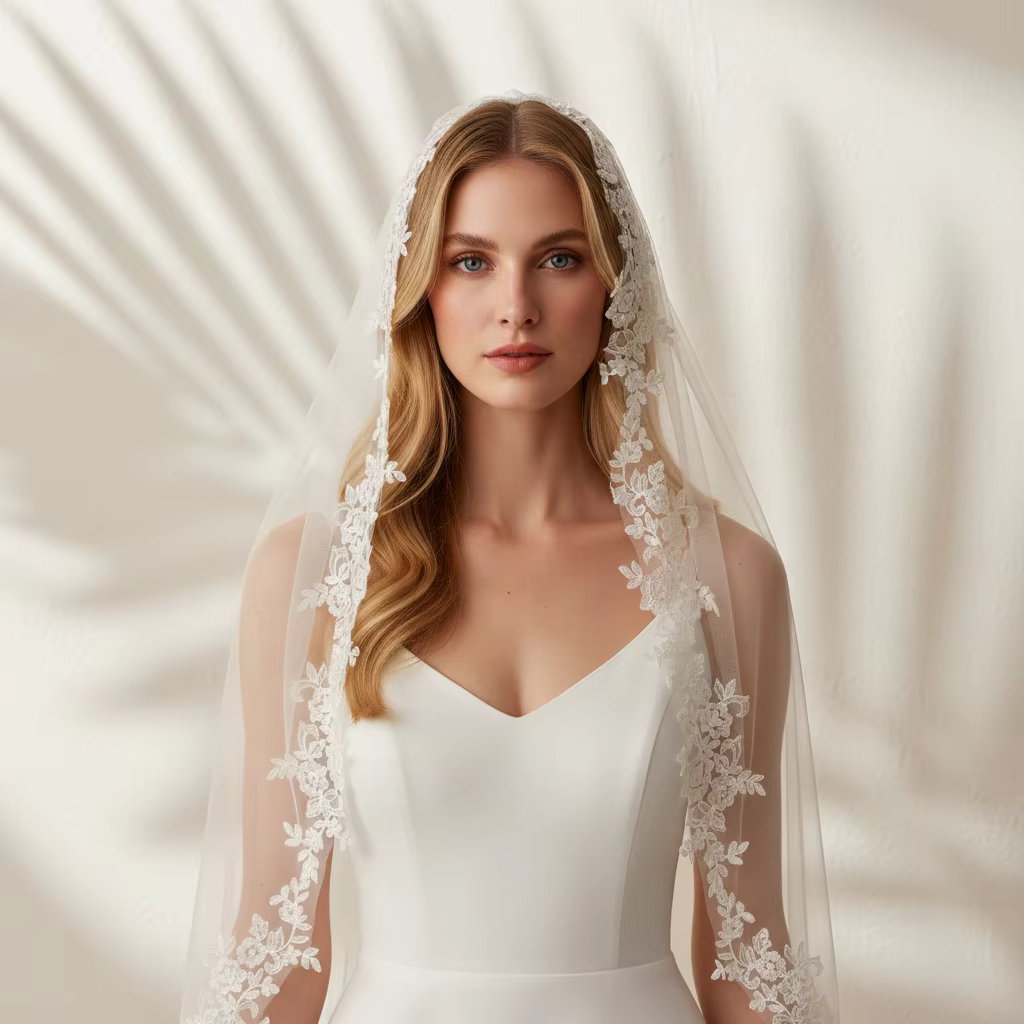 Voile de mariée élégant avec bordure en dentelle florale exquise, accessoire de couvre-visage en tul