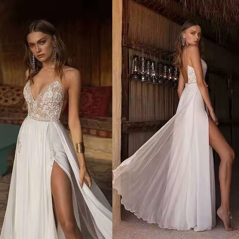 Robe De mariée De plage fendue, Sexy, col en V, bretelles Spaghetti, en mousseline De soie, dos nu, 