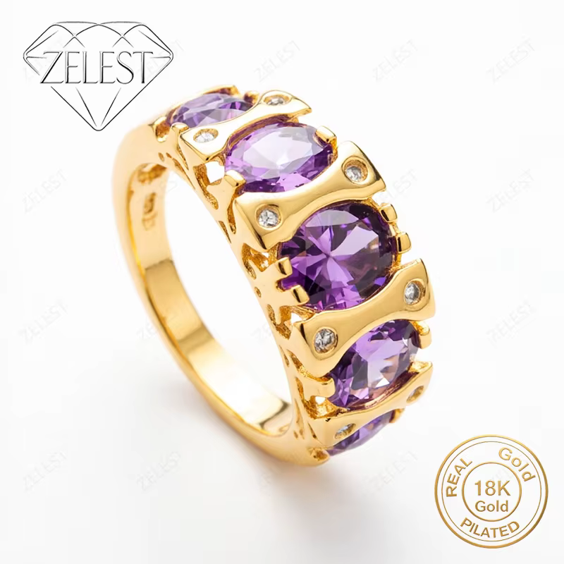 Bague pour femme en argent sterling 925 plaqué or 18 carats avec zircon ovale jaune/violet exquis, b
