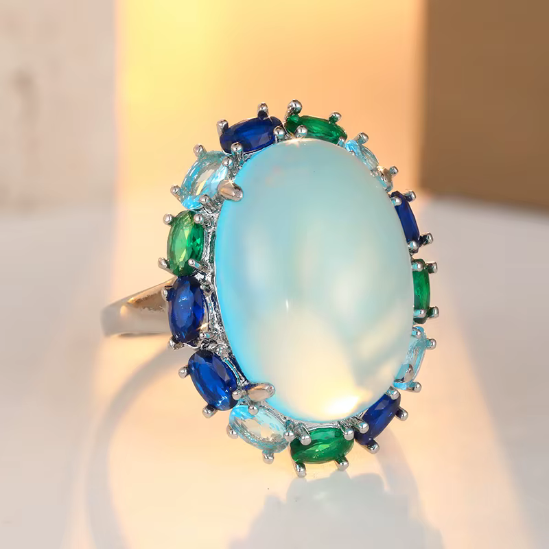 Bague de luxe pour femme incrustée de zircons multicolores, couleur argent, design géométrique, pour