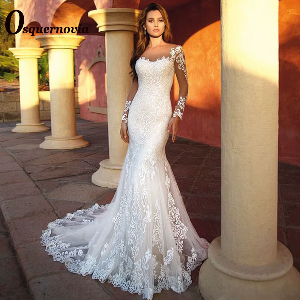 Osnovia-Robe de mariée sirène élégante, manches longues, bouton chérie, dentelle éducative, applique