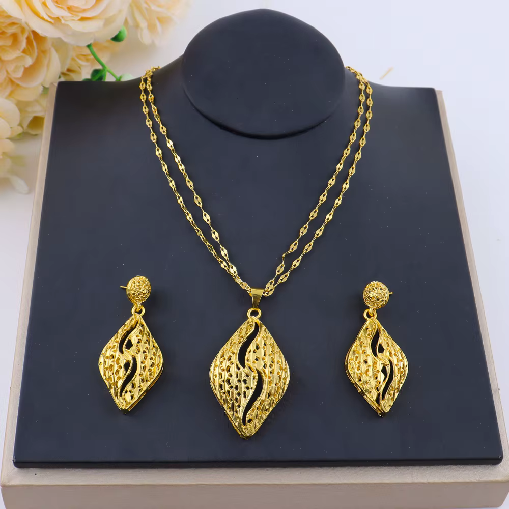 Ensemble de bijoux couleur or 24K, collier et boucles d'oreilles à géométrie déformée, dubaï, inde, 