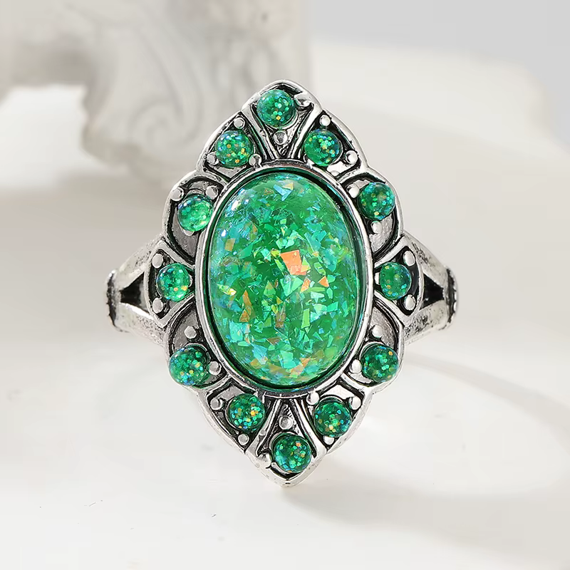 Bague vintage magnifique incrustée de turquoise synthétique argentée pour femme, bijoux de luxe élég