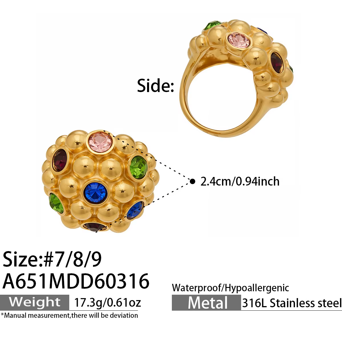 Bagues en pierres scintillantes colorées pour femmes, plaquées or 18 carats, en acier inoxydable, ba