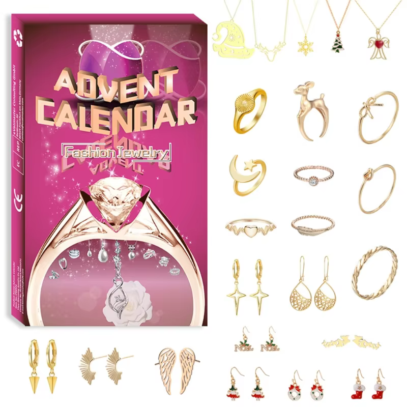 Bijoux calendrier de l'avent pour femmes, noël avec collier, bagues, boucles d'oreilles 24 jours Y5G