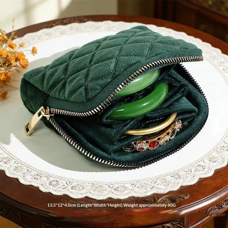 Petite pochette de rangement pour bijoux en velours matelassé, fermeture éclair robuste, doublure do