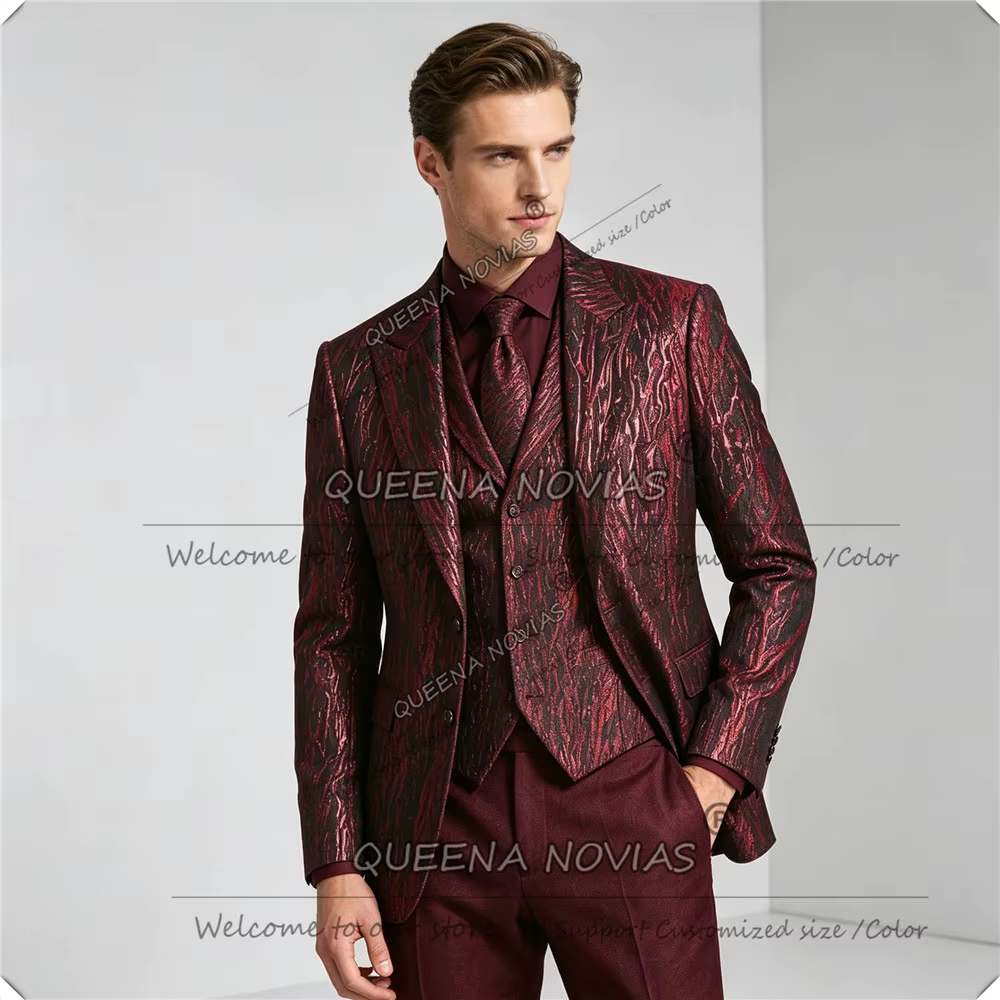 Costumes de mariage exclusifs pour homme, veste à motif floral, gilet, pantalon, ensemble 3 pièces, 