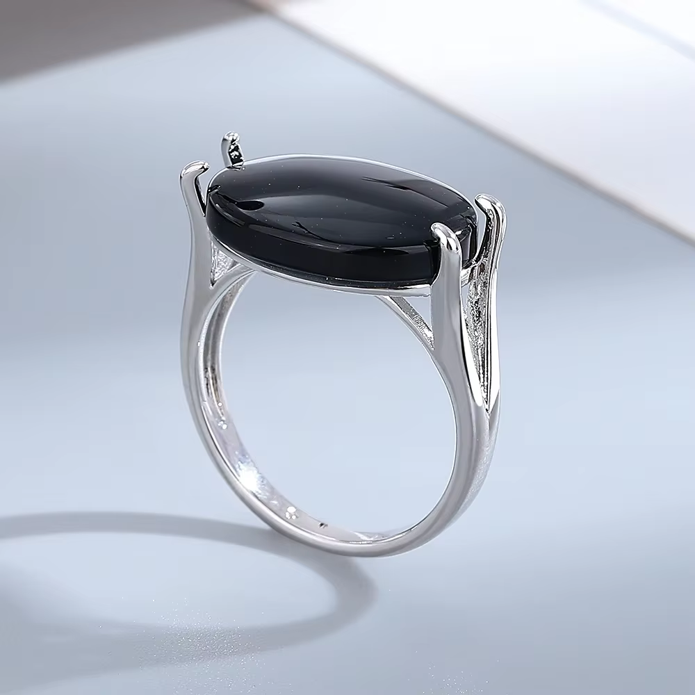 Bague plaquée argent pour femmes, bijoux naturels, ovale, grande pierre d'agate noire, Vintage, cade