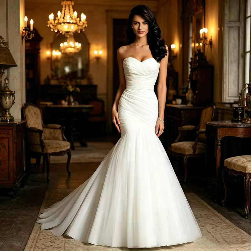 Robe de mariée sirène bustier en mousseline plissée avec traîne courte, simple et élégante