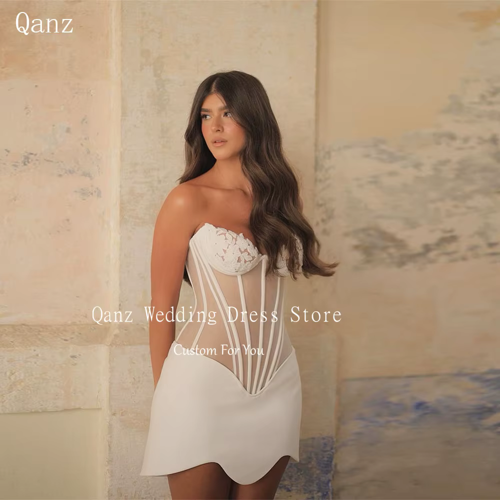 Robes de mariée vintage en satin Qanz, mini robes de soirée au-dessus du genou, dos ouvert, Vestidos