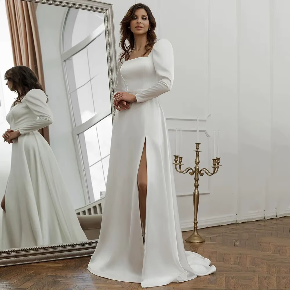 Robe de Mariée Élégante en Satin à Manches Bouffantes, Sexy, Fendue sur le Côté, Forme Trapèze, Pers