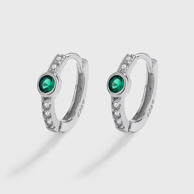 Boucle d'oreille ronde en émeraude pour femme, bijou classique à une rangée de diamants, en argent S