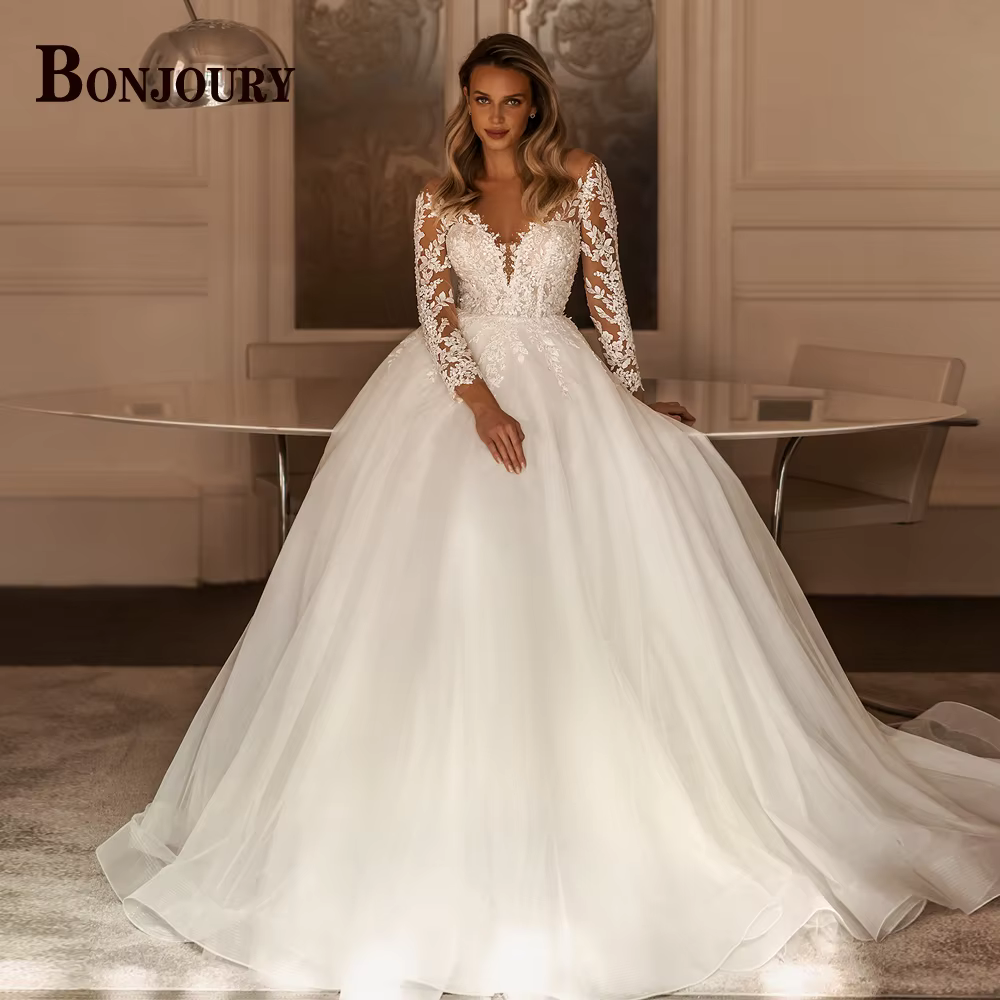 BONChain-Robe de mariée en tulle à encolure dégagée pour femme, manches longues, appliques plissées,