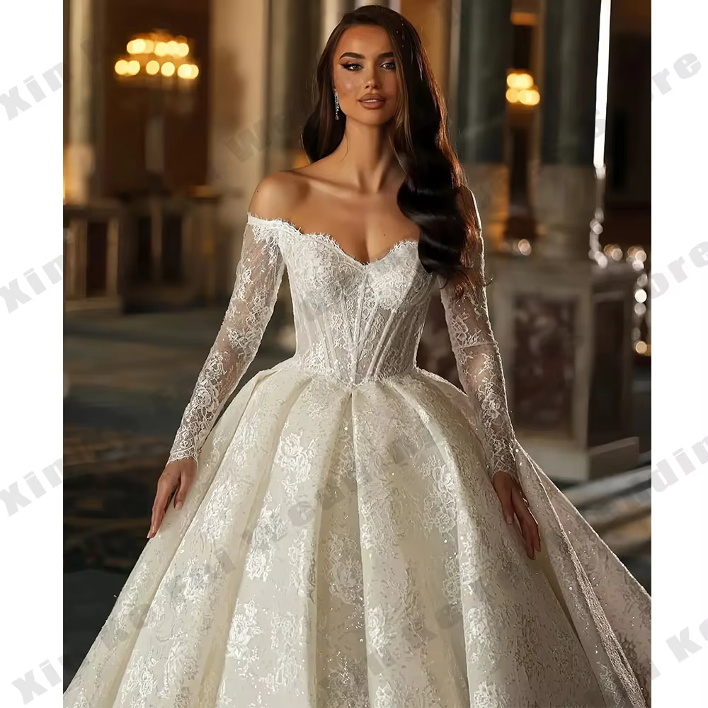 Robe de mariée trapèze élégante en dentelle pour femmes, magnifique, à paillettes, manches longues, 
