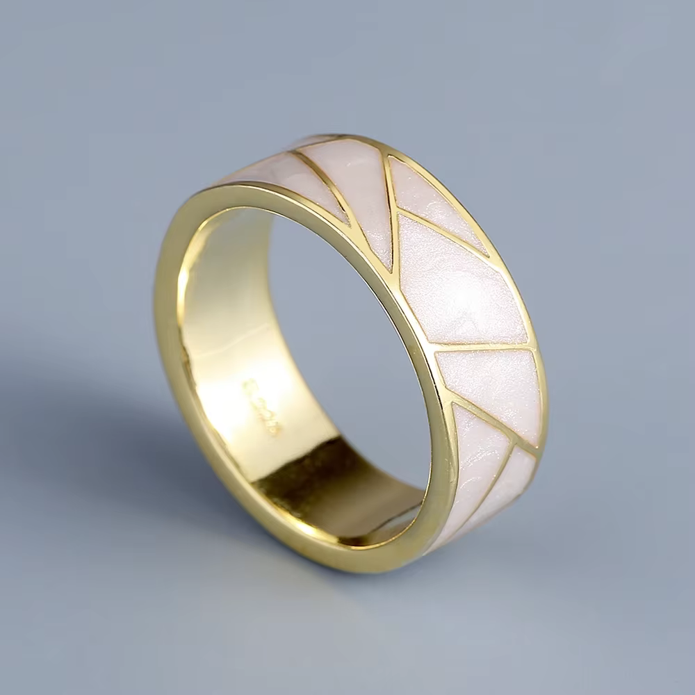 Bague classique en or 18 carats pour femme, colle dégoulinante blanche, bijoux en émail faits à la m