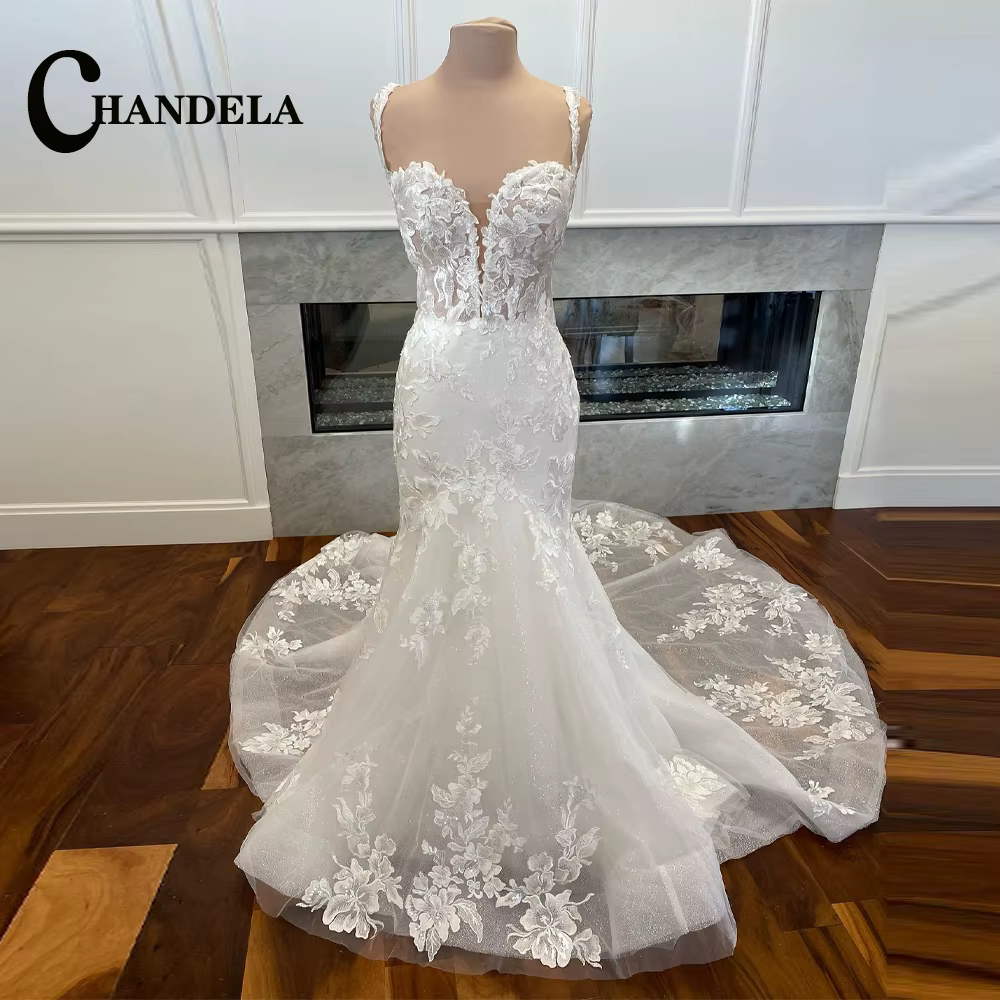CHANDELA Robe De mariée sirène élégante en Tulle scintillant à lacets avec Appliques brosse Train dé