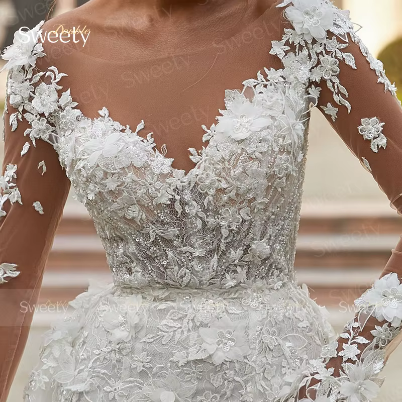 Robe De mariée sirène avec traîne détachable, en Organza avec broderie, fleur 3d, manches longues, c
