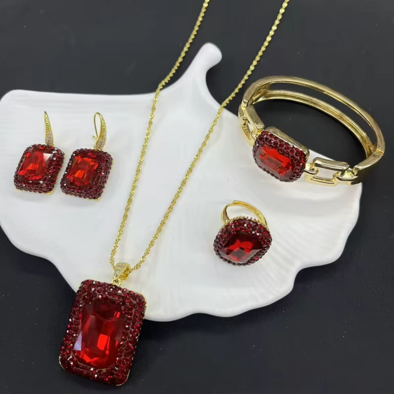Parures de bijoux de luxe pour femmes, collier, boucles d'oreilles et bague en cristal carré de gran
