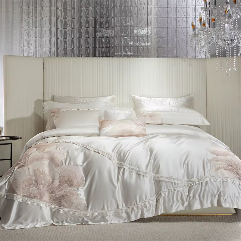 Ensemble de literie en coton lyocell de luxe, housse de couette à grande broderie florale 4 pièces, 