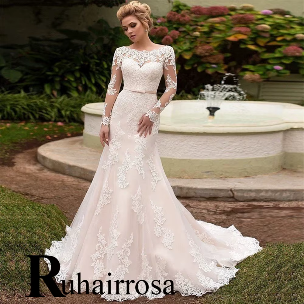 Ruhair – robe de mariée sirène tendance pour femmes, avec dentelle et appliques, col ras du cou, en