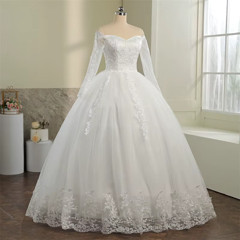 Robe de mariée blanche, élégante, col bateau, robe de bal, épaules dénudées, princesse de luxe, dent