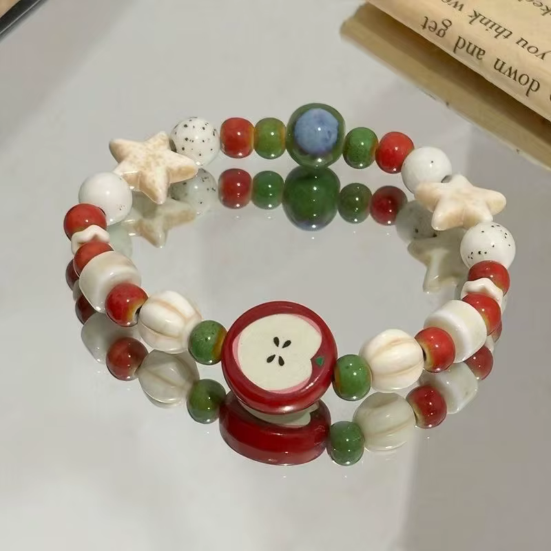 Lot de 5 bracelets extensibles en céramique faits à la main avec perles en forme de pomme, bijoux et