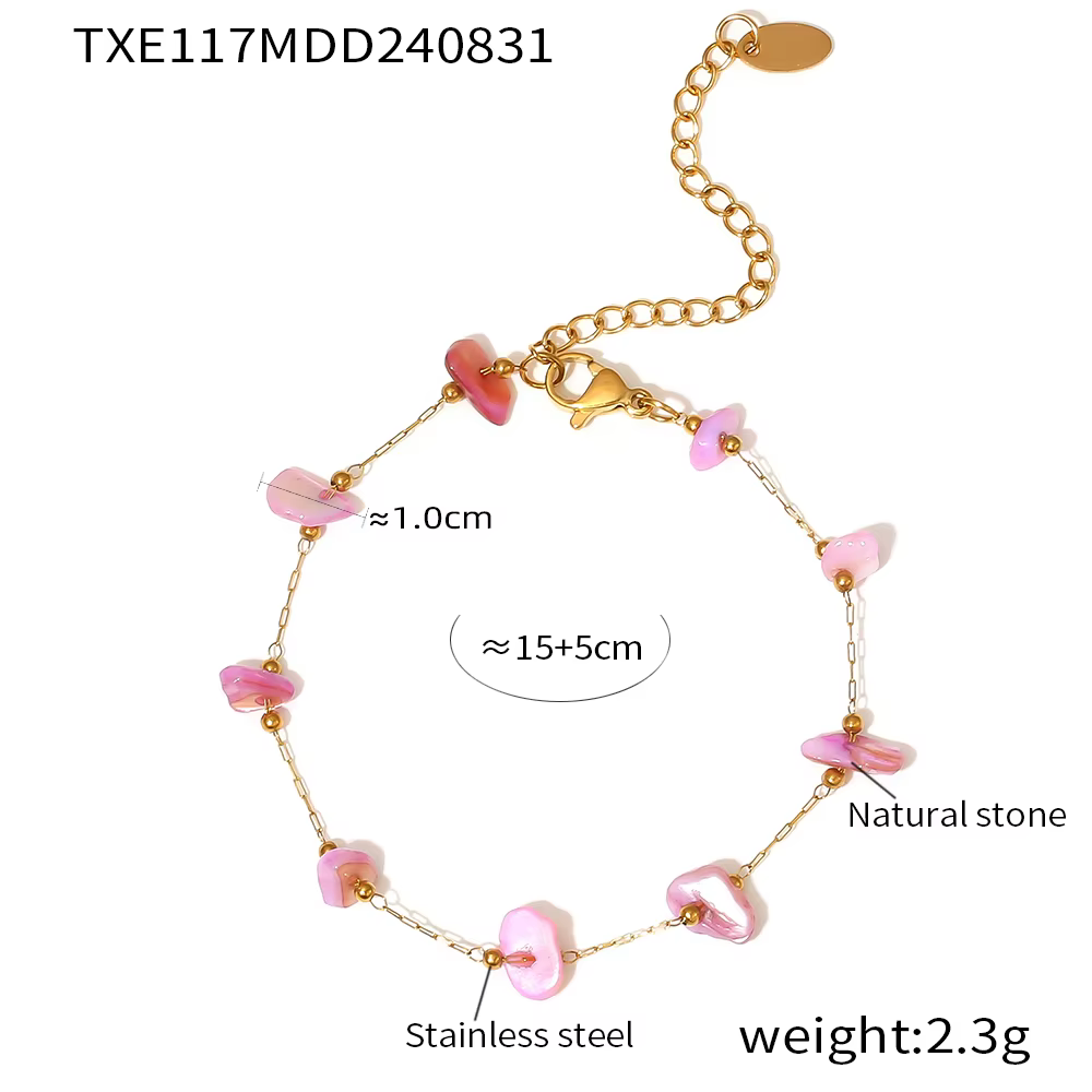 Ensemble collier et bracelet en pierres roses naturelles pour femmes, en acier inoxydable, pendentif