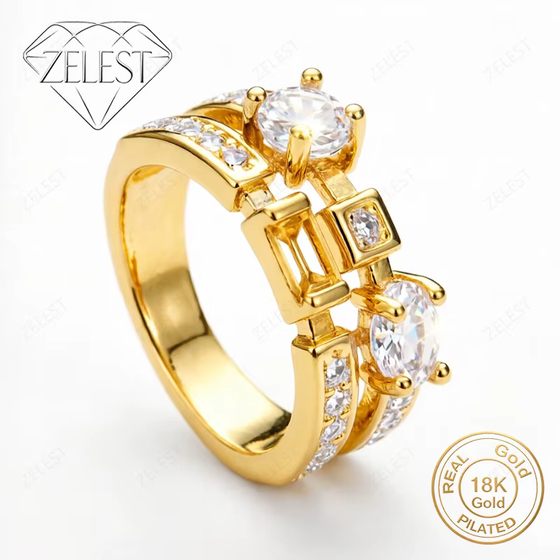 Bague de luxe en argent sterling 925 plaqué or 18 carats avec double zircon pour femme, bijou tendan
