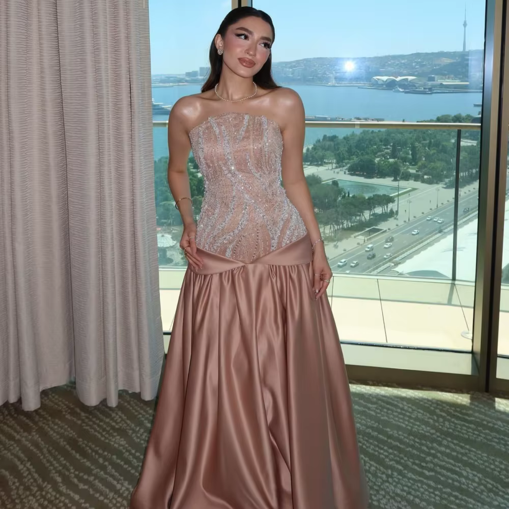 Robe de soirée de luxe personnalisée de haute qualité, scintillante, sans bretelles, coupe trapèze, 