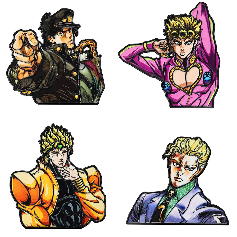 Lot de 4 broches personnages JoJo : Giorno, Dio, Jotaro, Yoshikage – Épingles en émail tendance en m