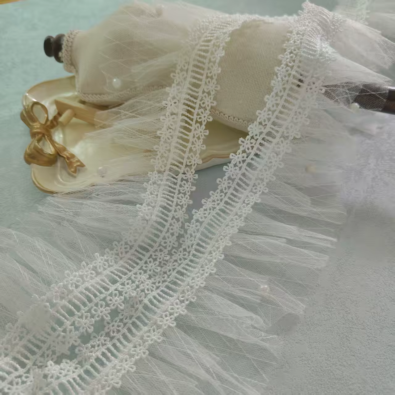 Tissu en dentelle perlée blanche Double couche de 7.5CM de large, ruban en Polyester, ourlet pour ro
