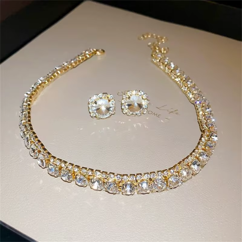 Ensembles de boucles d'oreilles en cristal vert pour femmes, collier de luxe, accessoires de bijoux 