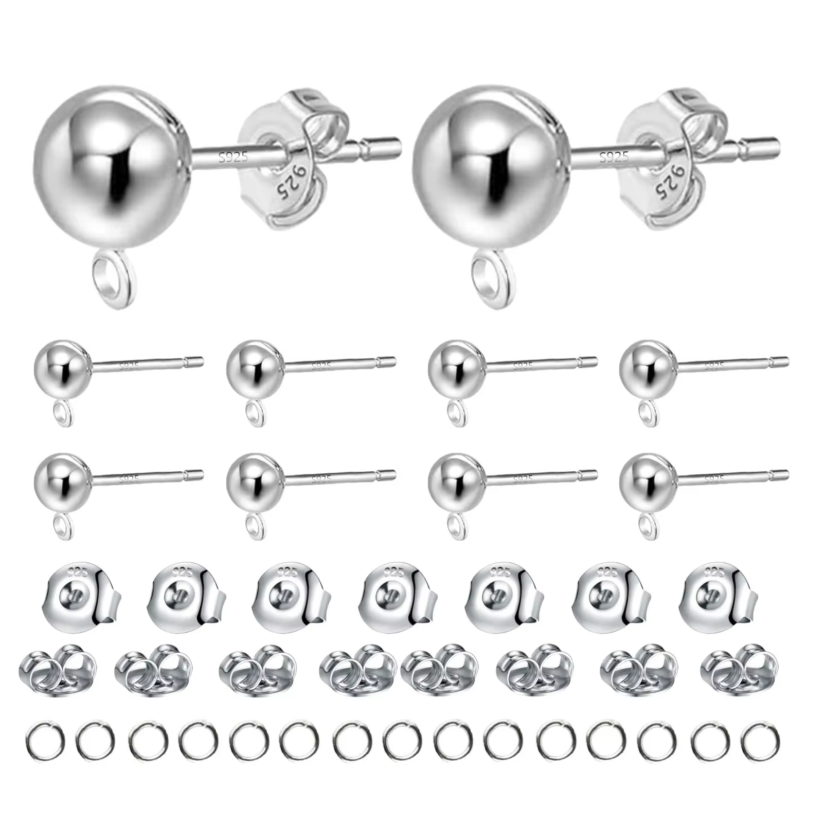 Lot de 20 clous d'oreilles en argent 925 |   Taille 4x16 mm avec dos de 6 mm et anneaux de saut 50x4
