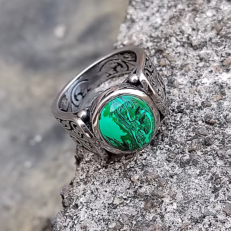 Bague en Malachite véritable, Vintage gothique, pierres précieuses naturelles, bijoux en acier inoxy