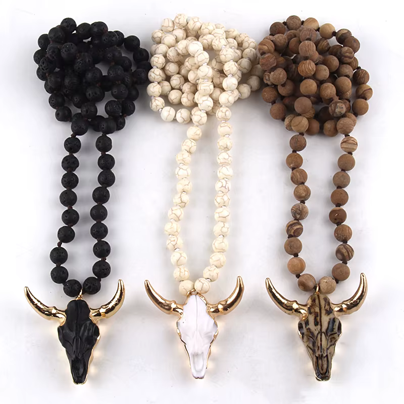 Bijoux bohème à la mode, perles de pierre nouées longues, pendentif en corne de 3 couleurs, collier